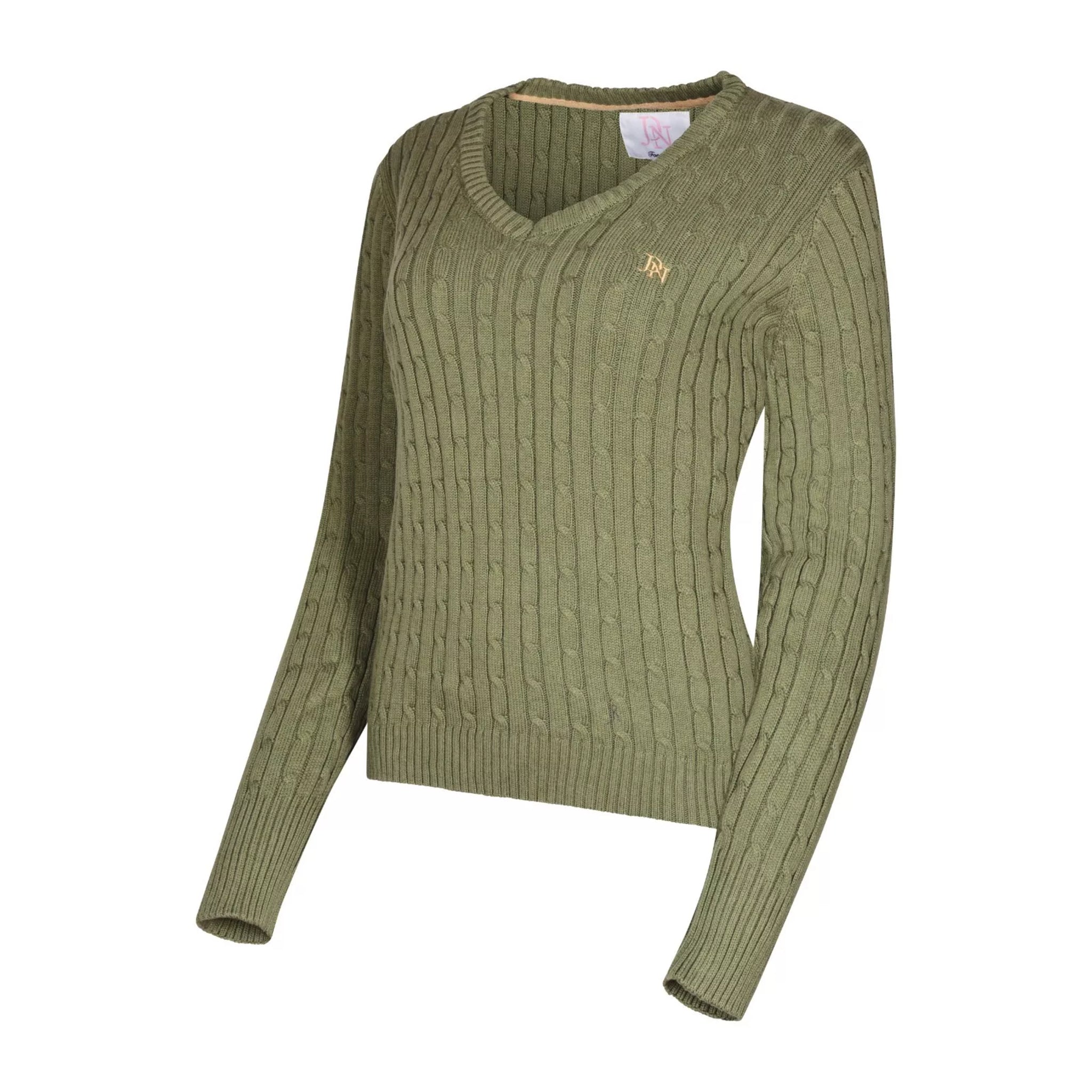 Ladies JDN moss green V-neck cable knit jumper with long sleeves and embroidered chest logo